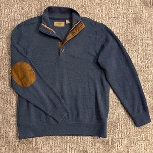 Clearwater Outfitter men's blue 1/4 zip sweater with tan elbow patches sz Large